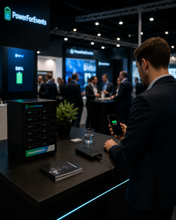 Powerbank-Station mit Betreuung an einem Messestand