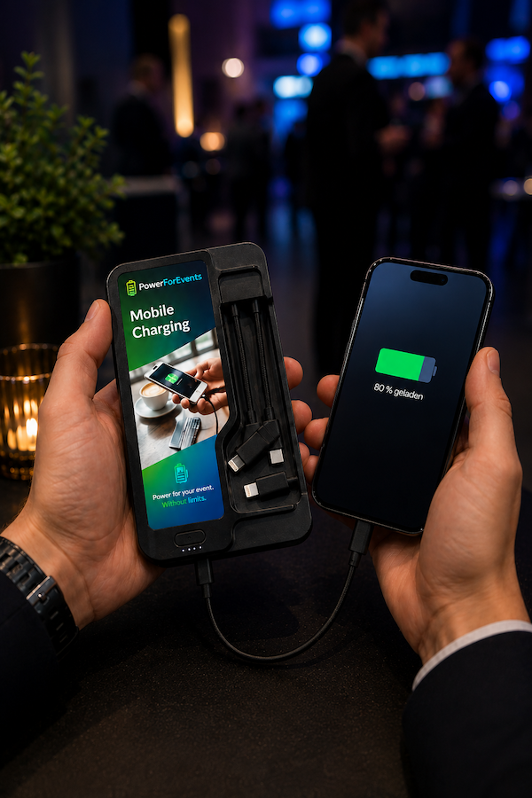Gebrandete Powerbank mit Smartphone auf einer Veranstaltung