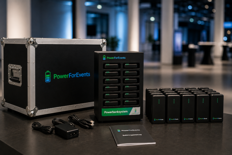 Lieferumfang mit Cube-Station, zwölf Powerbanks und Transportcase