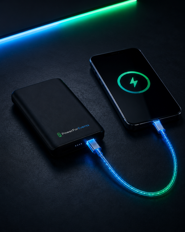 Powerbank lädt ein Smartphone über ein integriertes Kabel