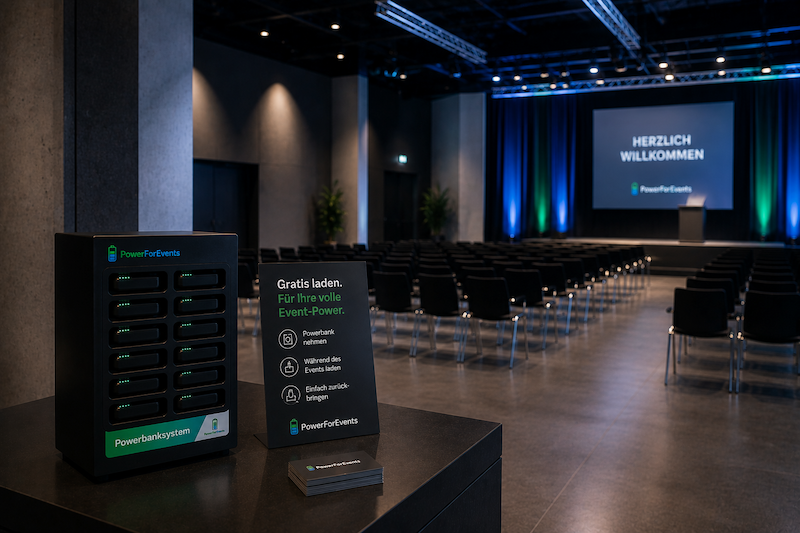 Powerbank-Station gut sichtbar in einem Konferenzraum platziert