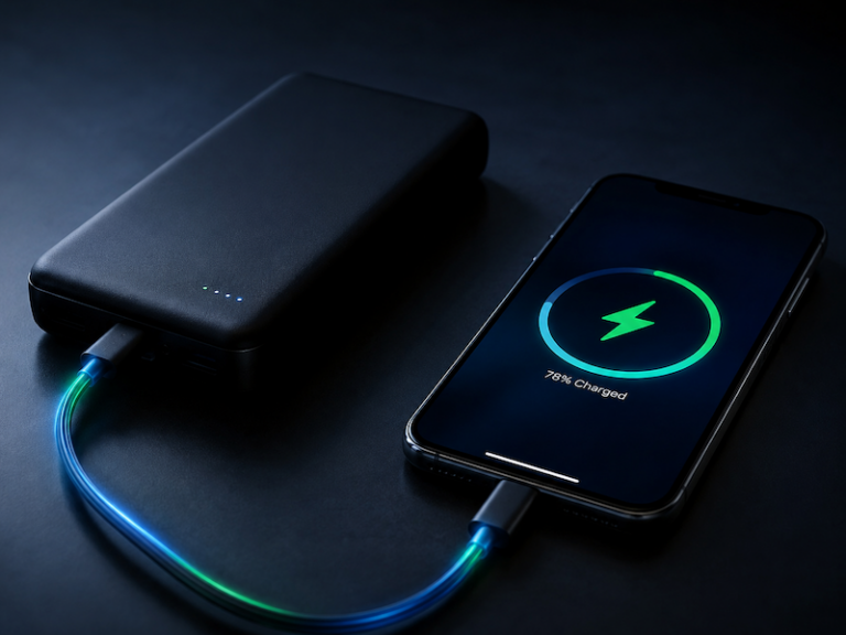 Powerbank lädt ein Smartphone für den Einsatz auf einem Event