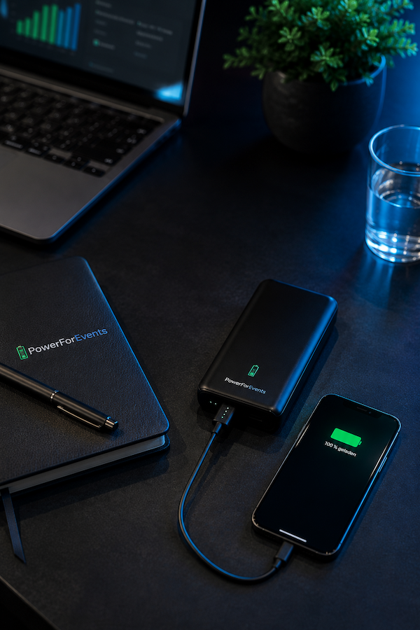 Powerbank mit integriertem Kabel lädt ein Smartphone